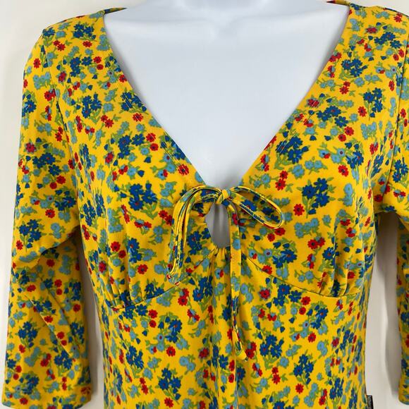 Mamy Blue Rio Y2K Babydoll Floral Dress Sz M Hippie Retro Boho Cottage Midi tie - Picture 2 of 13